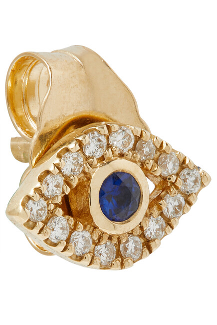 Mini Bezel Evil Eye Single Stud Earring, 14k Yellow Gold, Diamonds & Lapis Lazuli